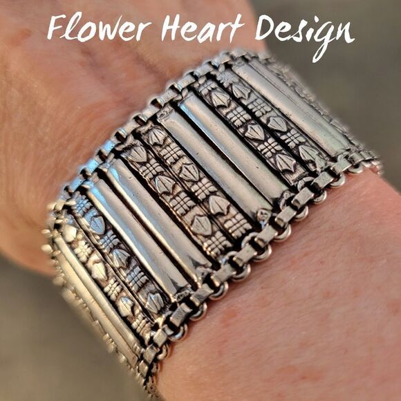 Artisan Sterling Rajasthani Wide Decorative Heart Flower Embossed Link Bracelet - Picture 1 of 7